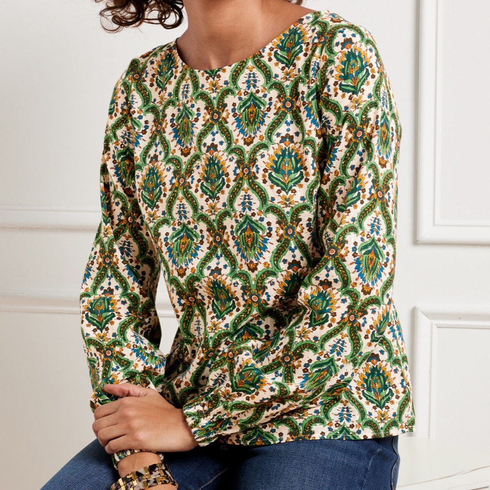 Talbots Gold Dot Lattice Long Sleeve Floral Green Top Size Large Holiday Petite